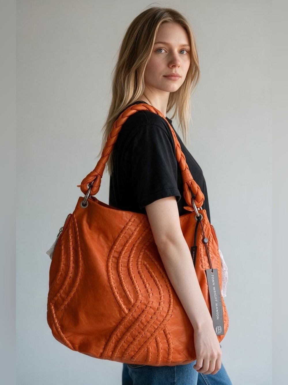 NEW Fenn Wright Manson Orange Genuine Leather Braided Handle Hobo Bag